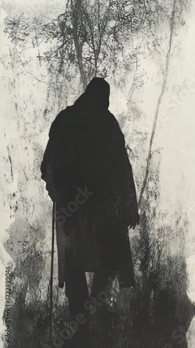 A black and white photo of a man with a cane