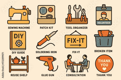 Diy repair toolkit icons: sewing, tools, guide, consultation, thank you