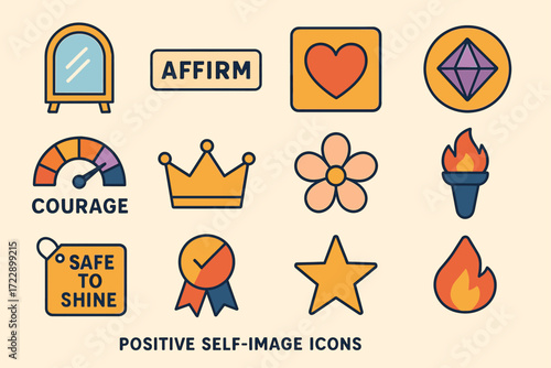 Positive self-image icons: courage, affirm, love, shine, star
