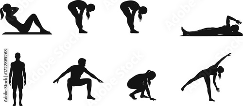 Fitness silhouettes, workout poses, yoga stretching, sit-up exercise, squat position, side stretch,
