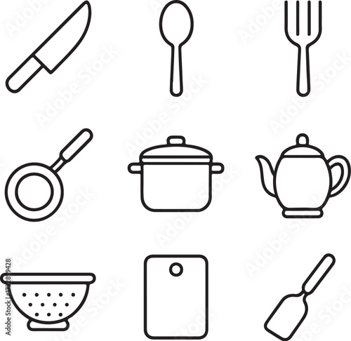 Essential kitchen tools collection a chef knife spoon fork frying pan pot teapot colander cutting board spatula for culinary creativity and cooking prep