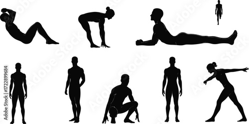 Fitness silhouettes, workout poses, yoga stretching, plank exercise, sit-up posture, squat position, healthy lifestyle, gym training, body movement, wellness 