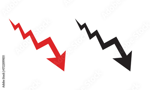 Red and black stock market investment Downward arrow.  Two zigzag downward arrows in red and black, symbolizing decline, decrease, business loss, or negative economic and financial trends.
