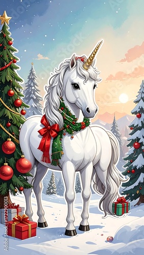 Christmas unicorn in snowy landscape (1)