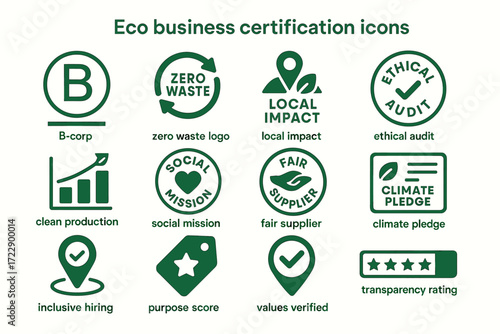 Eco business certification icons: sustainability, zero waste, local impact, ethical audit