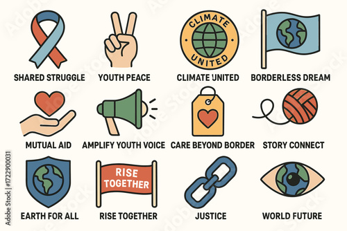 Collection of icon designs representing global unity, peace, and justice
