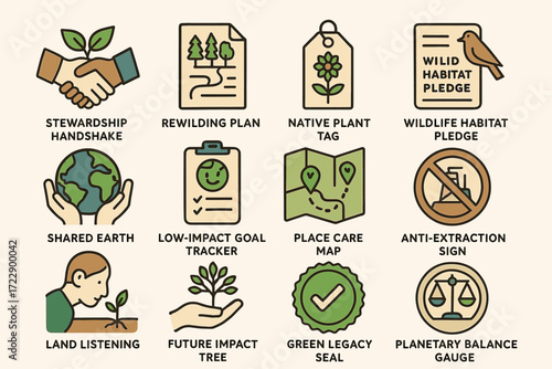 Environmental icons: sustainability, rewilding, native plants, wildlife habitat, earth conservation