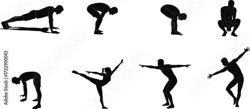 Yoga silhouettes, dance poses, stretching exercises, fitness activity, meditation practice, balance posture, flexibility training, healthy lifestyle, workout routine, gym concept,