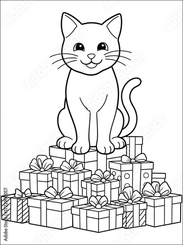 Gift-Giving Cat: A cheerful feline sits atop a stack of beautifully wrapped presents, a symbol of generosity and the joy of giving, rendered in delightful black and white line art. 