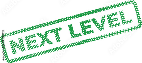 A green Next Level stamp features a dotted pattern and bold white lettering