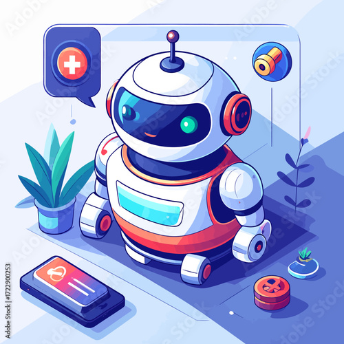 Friendly Robot Character Assist with Medical Icon and Smartphone Interface