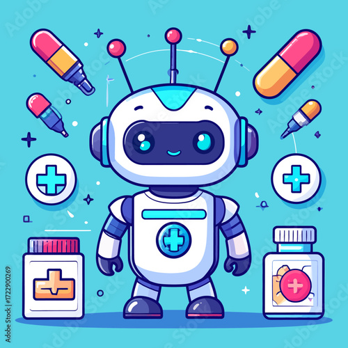 Charming AI medical assistant robot surrounded by healthcare essentials, symbolizing innovation in digital health, smart medicine, and the future of pharmaceutical support