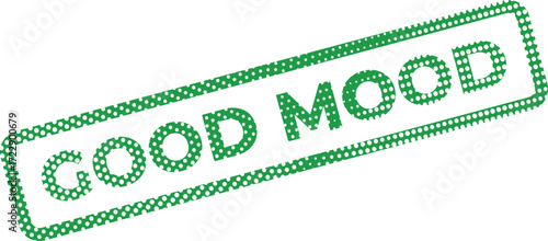A green and white polka dot stamp proclaims Good Mood in a diagonal composition