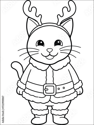 Festive Feline in Costume: A charming black and white illustration showcases a delightful cat dressed up in a holiday costume, complete with antlers, radiating festive cheer.