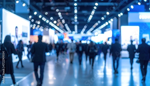 A crowd of people in a large, brightly lit hall; motion blur creates a sense of movement & excitement. Modern lights dot a high ceiling