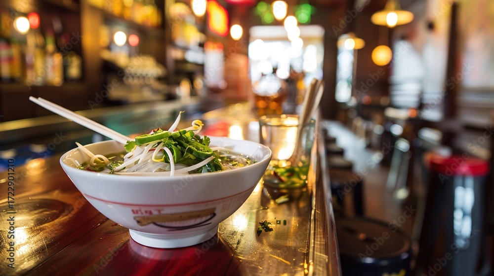 Fototapeta premium Authentic Vietnamese Pho Recipe: How to Make Delicious Beef Pho (Pho Bo) & Chicken Pho (Pho Ga) at Home with Fresh Herbs, Rice Noodles, and Rich Broth – Explore Traditional Vietnamese Cuisine Tips for