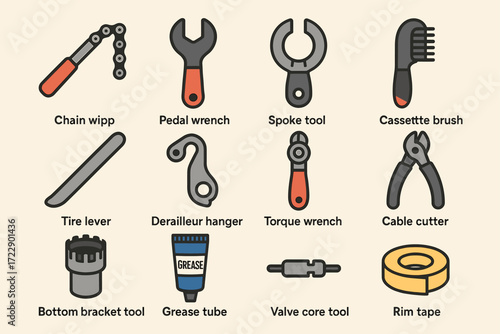 Bicycle repair tools set including wrench, spoke tool, brush, and grease tube