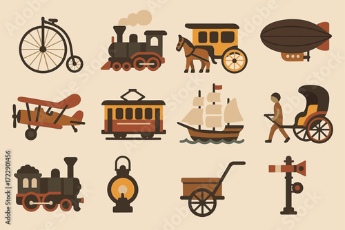 Vintage transportation icons: bicycle, train, carriage, airship, airplane, trolley, ship, rickshaw