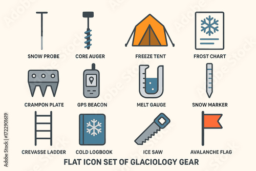 Flat icon set of essential glaciology gear tools for exploration