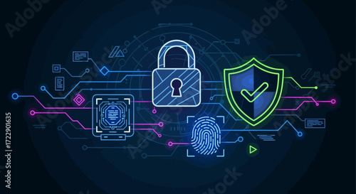 Digital security and data protection concept with padlock shield and biometric authentication.