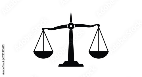 A simple black and white illustration depicting classic scales of justice
