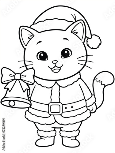 Festive Feline: A cute, outlined illustration of a cheerful cat in Santa attire, holding a bell with a bow, ideal for coloring books or holiday design