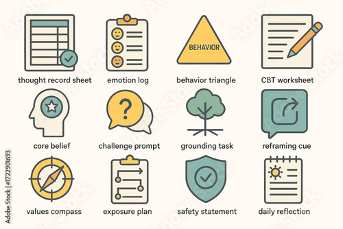 Cognitive behavioral therapy tools icons: worksheets, prompts, tasks, and plans for mental health