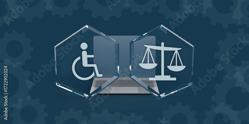 Fotografie Depiction of a laptop flanked by hexagonal glass panes, one featuring an accessibility icon and the other a scale of justice, symbolizing digital accessibility laws and regulations