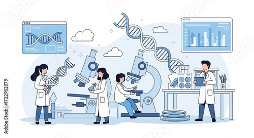 Scientists conducting genetic research with microscopes and DNA models.