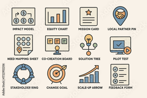 Business strategy icons representing models, charts, goals, and collaboration tools