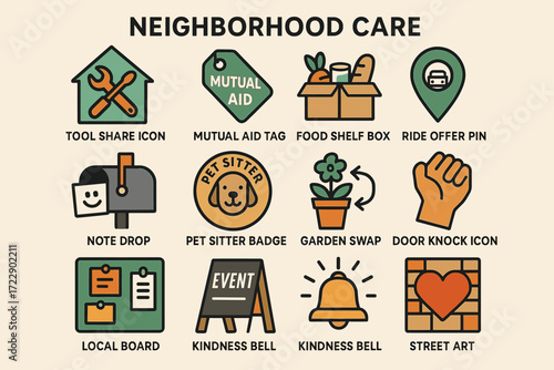 Icons for community support: tool sharing, food shelf, pet sitter, neighborhood care elements