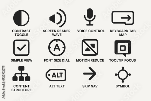 Accessibility icons set: contrast, voice, navigation, text, symbols