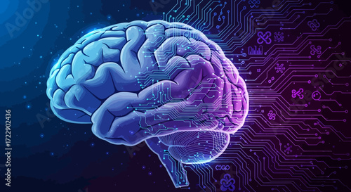 Three dimensional rendering of a human brain glowing with vibrant blue and purple light.