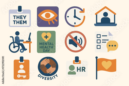 Inclusive workplace icons representing diversity, accessibility, and mental health