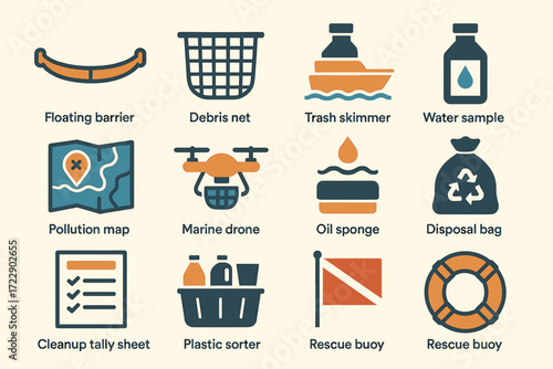 Ocean cleanup tools: floating barrier, debris net, trash skimmer, marine drone, rescue buoy