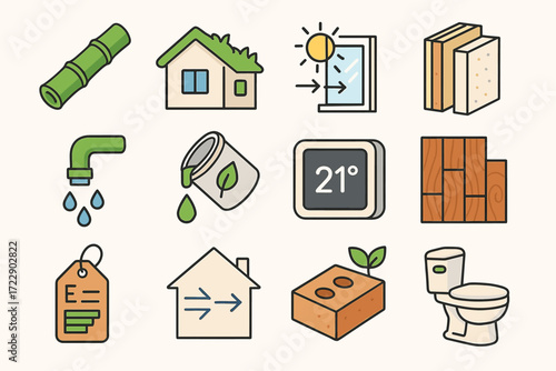 Sustainable building and energy efficiency icons featuring eco-friendly materials