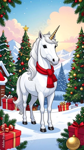 Christmas unicorn in snowy landscape