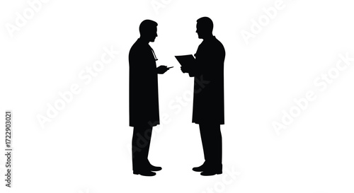 Two men in suits discussing business silhouetted against a white background