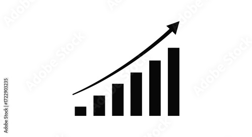 Simple black and white graphic showing a rising bar chart with an upward trend
