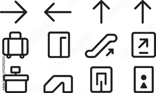 Airport navigation icons for modern travel designs, perfect for wayfinding and app interfaces, ensuring smooth journeys and clear directions for global travelers
