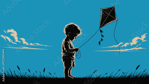 Nostalgic silhouette of a child flying a kite against a vibrant blue sky, evoking carefree summer days and childhood wonder, perfect for family campaigns