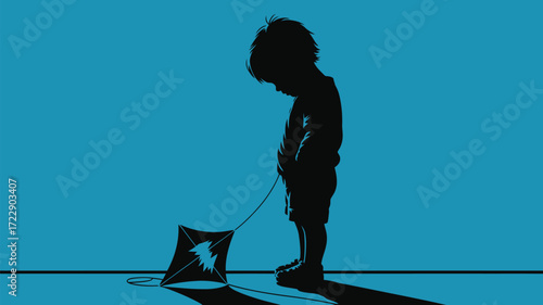 Heartbroken young boy sadly holds broken kite string in a blue background, symbolizing childhood disappointment and loss of innocence with a somber mood