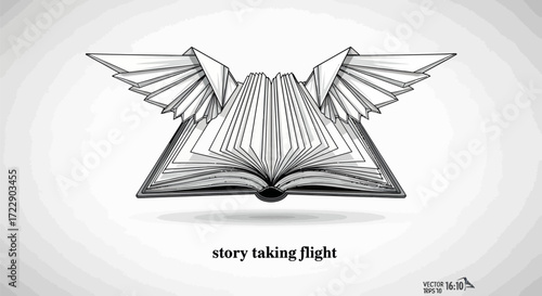 A captivating illustration of an open book with origami wings ready for imaginative journeys