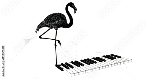 A monochrome symphony: A flamingo strikes a chord on the piano of imagination