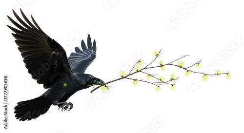A raven delivering a branch adorned with glowing lights against a bright background