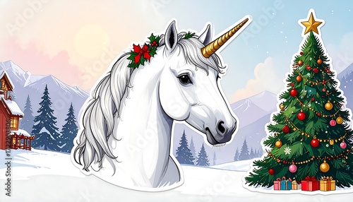 Christmas unicorn in snowy landscape