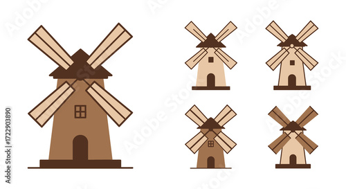 Stylized illustration of traditional windmills in varying perspectives and sizes