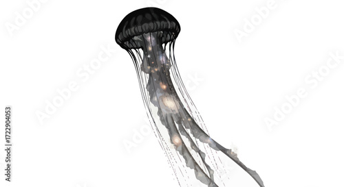 Abstract luminous jellyfish with celestial bodies inside it on a white background