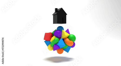 Abstract representation of home ownership with geometric shapes hovering on white background