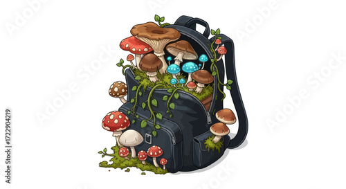 Backpack brimming with magical mushrooms a whimsical outdoor adventure concept in detailed